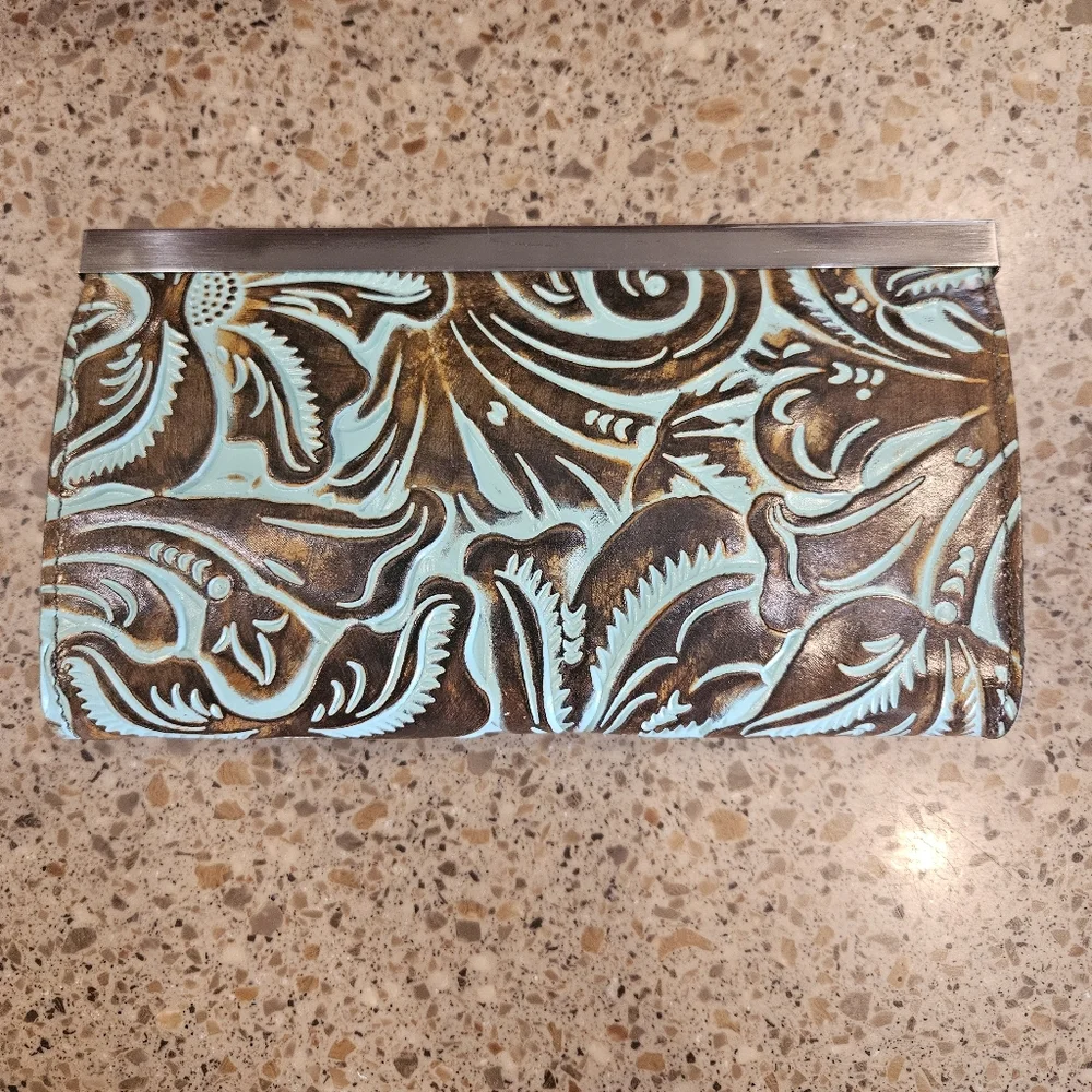 Patricia Nash NWOT Turquoise Tooled Cauchy Frame 100% Full Grain Leather - Picture 3 of 7